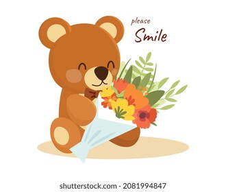 Brown bear doll with flowers. Character with bouquet in his hands. Website design, greeting and invitation cards, cute postcards. Forest, fauna, animals, teddy. Cartoon flat vector illustration