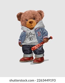 brown bear doll holding baseball bat vector illustration