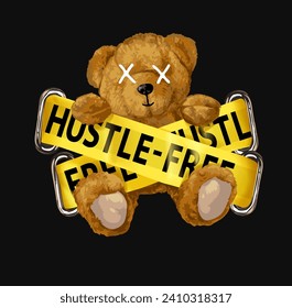 brown bear doll and hustle free ribbon hand drawn vector illustration on black background