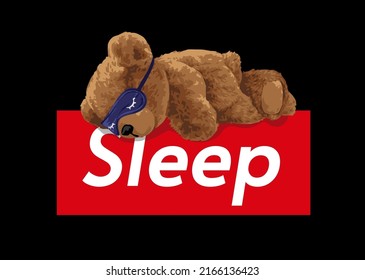 brown bear doll with sleep mask lying on sleep slogan vector illustration on black background