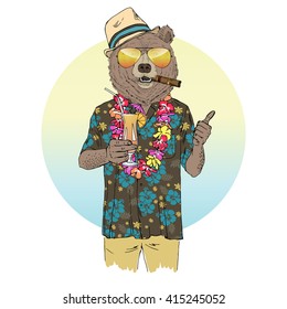 brown bear dressed up in aloha shirt with cocktail, furry art illustration, fashion animals, hipster animals, summer holidays