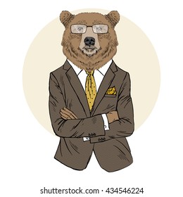 brown bear dressed up in office suit, furry art illustration, fashion animals, business animals