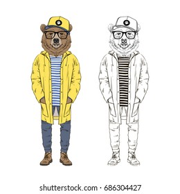 brown bear dressed up in raincoat, furry art illustration, fashion animals