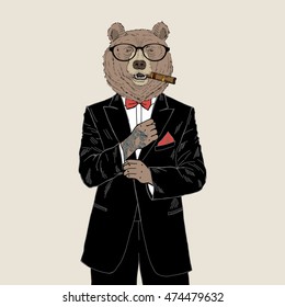 brown bear dressed up in tuxedo, anthropomorphic illustration, fashion animals