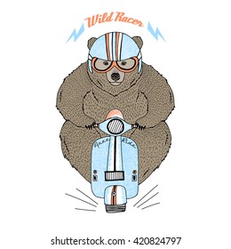 brown bear driving scooter, decorative animal illustration, colorful print