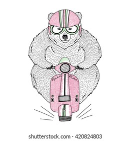 brown bear driving scooter, decorative animal illustration, silk screen print