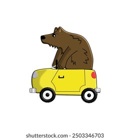 Brown Bear driving a small yellow car
