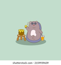 Brown bear eating honey on green background, minimal background.