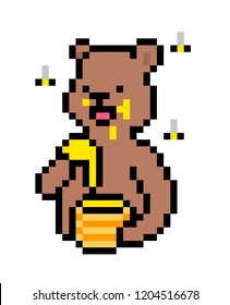 Brown bear eating honey with a paw from a jar with bees flying around, pixel art character isolated on white background. Forest animal, old school retro 80s-90s 8 bit slot machine/video game graphics.