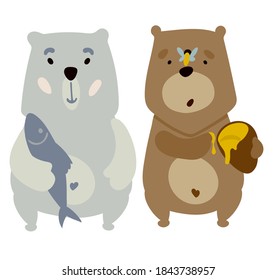 
El oso marrón come miel. El oso polar capturó peces. Recorte de ilustración vectorial. Impresión para pijamas, camisetas.
