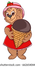 Brown bear female keeps ice cream cone. Fun vector cartoon illustration