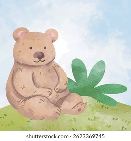 a brown bear in the field on watercolor design