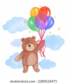 Brown bear is floating with balloons in the sky . Realistic watercolor paint with paper textured . Cartoon character design . Vector .