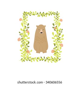 Brown bear with floral frame background vector design illustration.