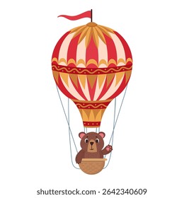 Brown bear flying on hot air balloon. Flying hot air balloon with cute animal on board flat vector illustration. Bear character flying on retro air transport