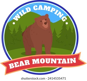 Oso marrón en placa forestal, emblema de campamento salvaje de Bear Mountain. Aventura al aire libre, fauna silvestre de bosques, ilustración vectorial del logo de viaje de camping.