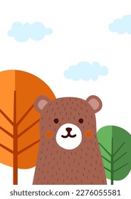 Braunbär auf Waldbanner. Charmantes Tier steht vor dem Hintergrund eines blauen Himmels und von Bäumen mit grünem und gelbem Blattwerk. Flora und Fauna. Cartoon-Flavektor-Vektorgrafik