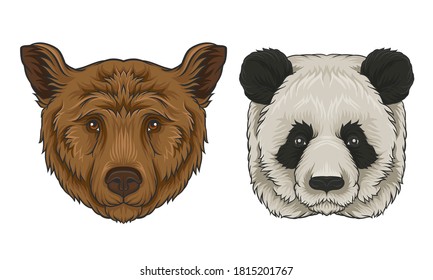 Brown Bear And Giant Panda Muzzle With Fur Vector Set