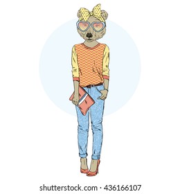 brown bear girl hipster in jeans, furry art illustration, fashion animals