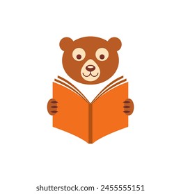 Oso marrón con gafas leyendo un libro y la sostiene en sus patas. Vector de color sobre fondo blanco.