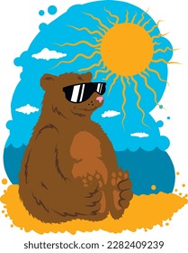 Brown bear in glasses sunbathing sitting on the beach, vector illustration