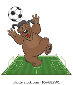 Brown bear goalkeeper in cap with earflaps is catching a soccer ball in a football stadium. Russia 2018 World Cup. Vector