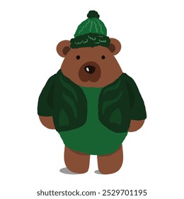  A brown bear with a green scarf and a green hat.