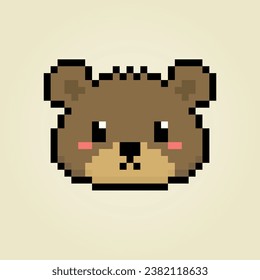 Brown bear head in 8 bit pixel art. Cute animals for game assets in vector illustrations.