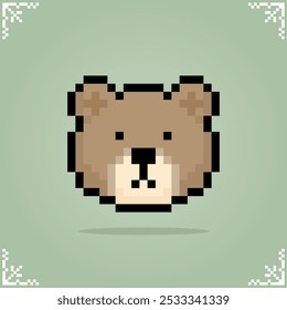 Brown bear head in 8 bit pixel art. Cute animal for game assets in vector illustration