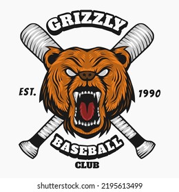 Brown Bear Head and Baseball Stick Vintage Logo Template