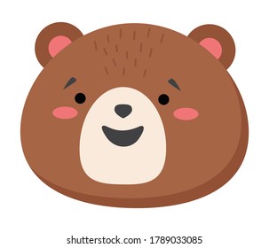 Brown Bear Head Looks Straight. Smiling Teddy Bear Icon. Bear Vector Flat Illustration Isolated On White Background. Clumsy Animal Laziness Symbol. Bear Funny Cartoon Character For Kids And Children