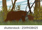 A brown bear and her cub walk through a forest with tall green grass. Realistic Vector Landscape