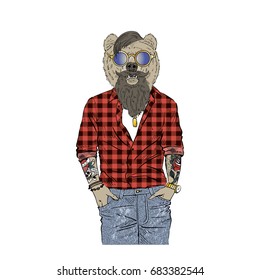 brown bear hipster, furry art illustration, fashion animals