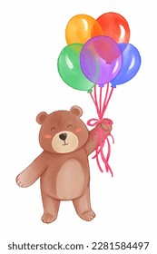 Brown bear hold balloons . Realistic watercolor paint with paper textured . Cartoon character design . Vector .