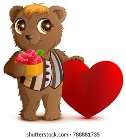 Brown bear holding basket of raspberries. Greeting card for valentines day. Isolated on white fun vector cartoon illustration