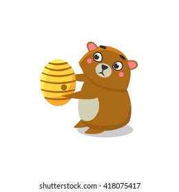 Brown Bear Holding Beehive Flat Primitive Geometric Design Vector Icon Isolated On White Background
