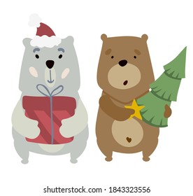 Brown bear is holding  Christmas tree. Polar bear with gift. 
New Year card. Print for pajamas, t-shirts. Vector illustration