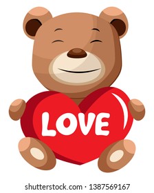 Brown bear holding heart that says love illustration vector on white background