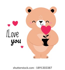 Brown Bear Holding Pot with Flowering Heart as Valentine Day Celebration Vector Illustration