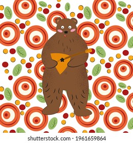 A brown bear holds a balalaika (folk guitar) in his hands with a surprised gaze. Made in a naive childish style. A folk-style background with roses and leaves is behind it.