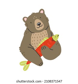 A brown bear holds a fish in its paws. Cute bear character in cartoon style. Vector isolated illustration with an animal.