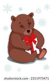 The brown bear holds a gift with a red bow. It is isolated on a white background. Winter vector modern illustration with snowflakes.