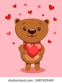 The brown bear holds heart in the paws. Children's vector cartoon illustration