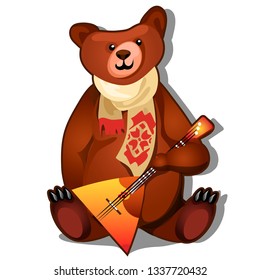 The brown bear holds the national Russian musical instrument balalaika in its paws isolated on white background. Vector cartoon close-up illustration.