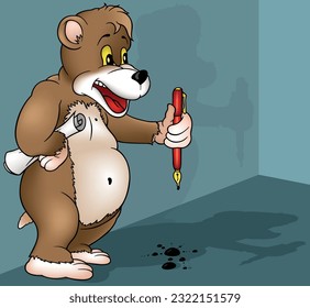 The Brown Bear Holds a Red Writing Pen in his Paw and has a Curled Sheet of Paper under his Arm - Colored Cartoon Illustration with Background, Vector