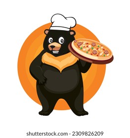 Brown bear with large pizza in hand vector art 