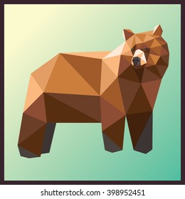 Brown bear low poly design isolated on gradient background. Animal card.