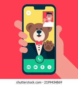 Brown Bear Making Video Call With Normal Guy, Talking About Works, Teddy Bear Wear Black Suit Do A Virtual Job Interview On The Mobile Phone, Flat Avatar Vector Illustration.	