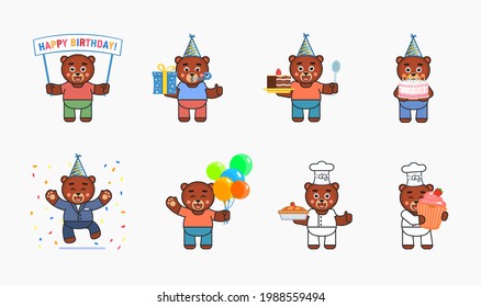 Brown bear mascot birthday set. Cute bear holding birthday banner, cake, balloons, gift box, celebrating and showing other actions. Vector illustration bundle