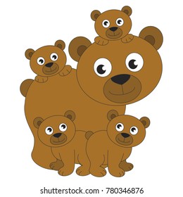 Brown Bear Mom and her infant cartoon. Outlined colorful illustration with thin line black stroke